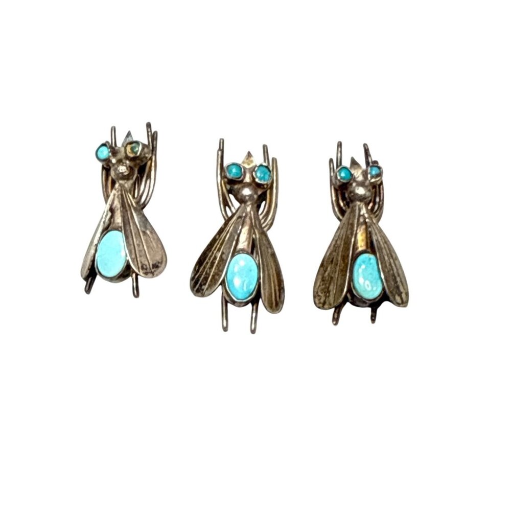 Rare Vintage Sterling Silver Fly Brooch Set Turquoise Eyes & Body Handmade Insec